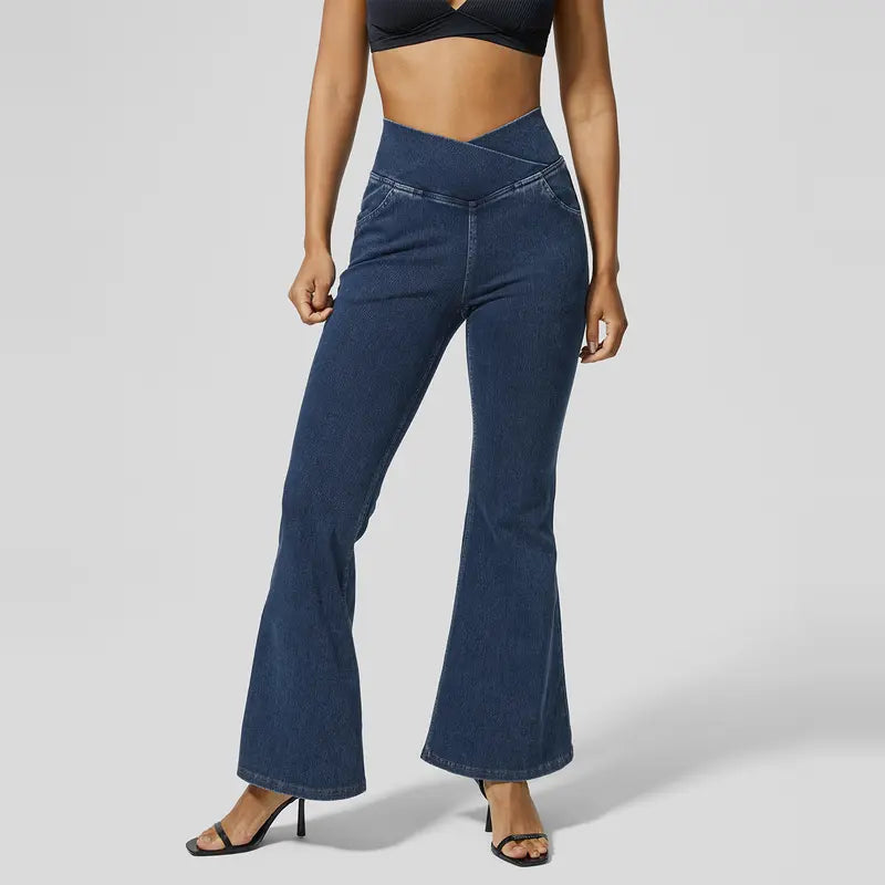 Women's High Waisted Crossover Flare Jeans – Stretchy Casual Fit Pants with Pockets