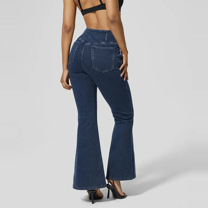 Women's High Waisted Crossover Flare Jeans – Stretchy Casual Fit Pants with Pockets