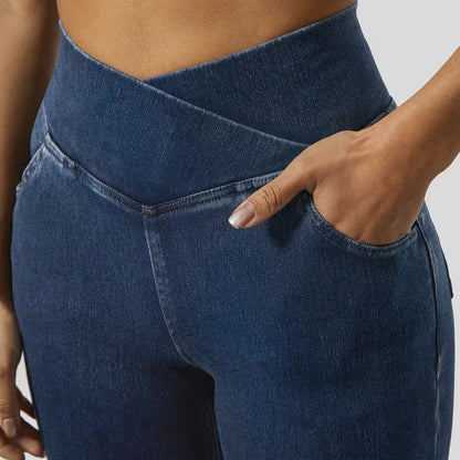 Women's High Waisted Crossover Flare Jeans – Stretchy Casual Fit Pants with Pockets