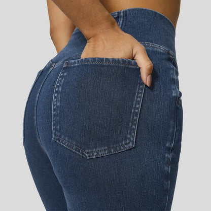 Women's High Waisted Crossover Flare Jeans – Stretchy Casual Fit Pants with Pockets