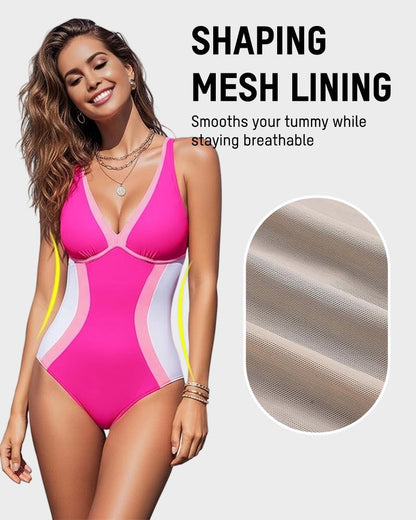 👙2026 NEW TYPE 50% OFF✨Women's Color Block Shapewear One Piece Swimsuit