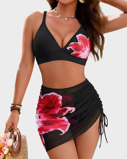 🎁Limited time 60% OFF⏳👙3-Piece Floral Modest High-Waist Swim Skirt Set