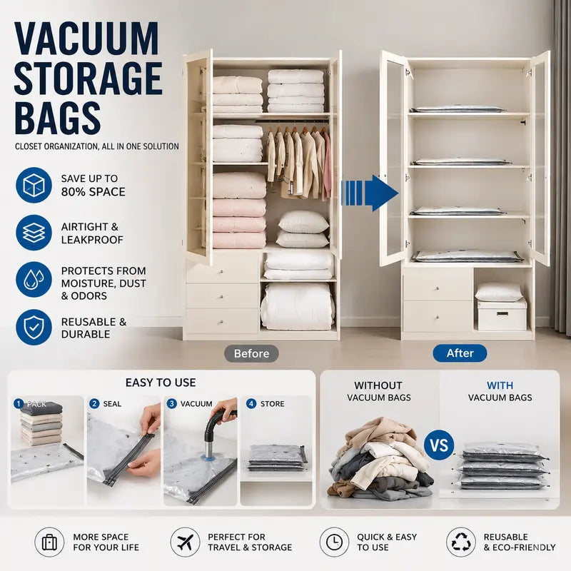 ✅ Travel Vacuum Compression Bags with Electric Pump – Space Saving Storage Bags for Luggage & Home
