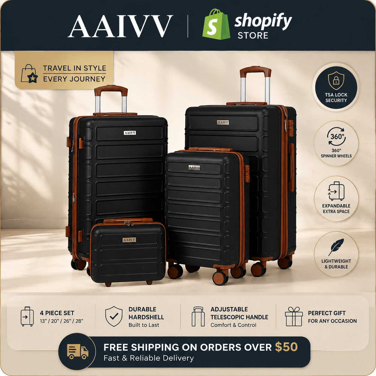 4 Piece Hardshell Luggage Set – Expandable Suitcases with TSA Lock & 360° Spinner Wheels (13/20/26/28 Inch)